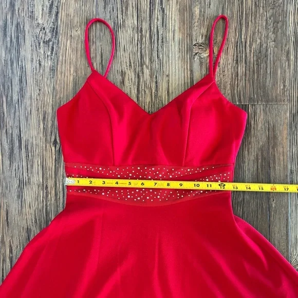 City Triangles Fit & Flare Mini Formal Party Dress Womens Jrs M Red Mesh Waist - Picture 5 of 11
